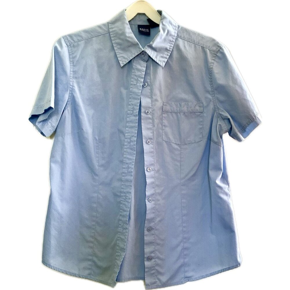 Basic Editions Women’s Light Blue ButtonUp Short Sleeve Shirt/Top Pocket Medium